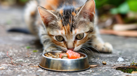 Calico Kitten Enjoying a Fresh Gourmet Meal Outdoorsの素材