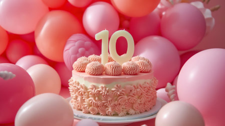 Delightful Pink Birthday Cake with Number 10 Candle and Balloonsの素材