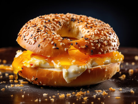 Sesame Poppy Seed Bagel with Melted Cheese and Runny Egg Yolkの素材