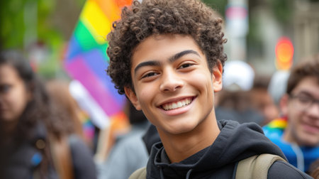 A cheerful young person smiling brightly at an LGBTQ pride event with rainbow flags in the background.の素材