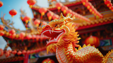 A detailed sculpture of a Chinese dragon adorned with festive decorations. Chinese New Year celebration and cultureの素材