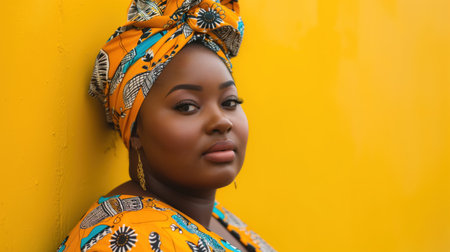 Confident African woman in vibrant headwrap against yellow background.の素材