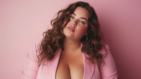 Curvy plus-size woman with wavy hair posing in a pink jacket on a pink background.の素材