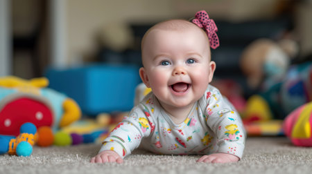 Baby girl with a bow smiling among toysの素材