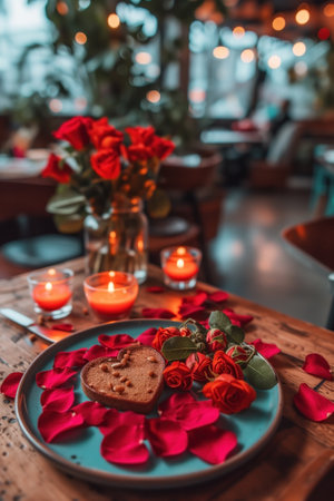 Romantic Valentine's Dinner Setting with Roses and Heart-Shaped Dessertの素材