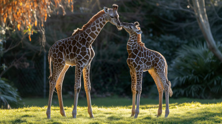 Tender Moment Between Mother Giraffe and Calf at Sunsetの素材