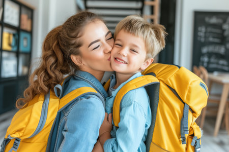 A Joyful Mother Sending Her Son Off to Schoolの素材