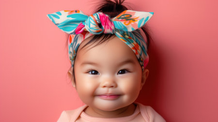 Smiling young girl with bow headband on pink background.の素材