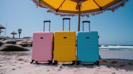 Colorful Suitcases Lined Up on a Sunny Tropical Beach Ready for Adventureの素材