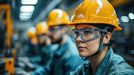 Confident Female Industrial Worker with Safety Helmet and Protective Glassesの素材