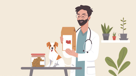 Friendly Veterinarian in Clinic Holding Pet Medicine with a Dog Patientの素材