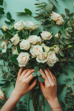Artistic Hands Arranging a Bouquet of Elegant White Rosesの素材