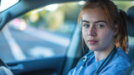 Confident Female Nurse in Blue Scrubs Ready for Duty in Her Carの素材