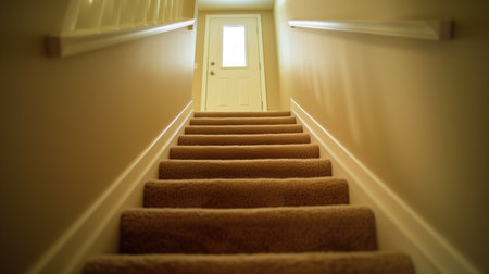 Carpeted Staircase Leading to a Bright Doorway in a Cozy Homeの素材