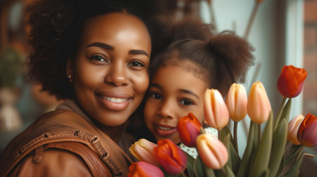Heartwarming Embrace Between Mother and Daughter with Spring Tulips. Mother's Dayの素材