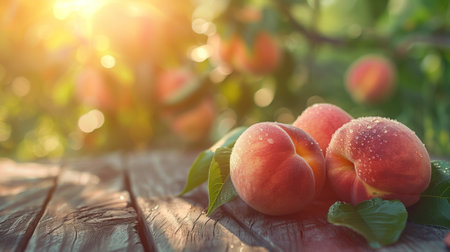 Juicy peaches with dewdrops on a rustic wooden surfaceの素材