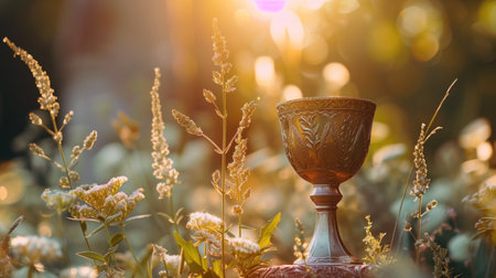 An ornate vintage chalice in a tranquil natural setting with golden sunlightの素材