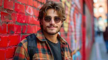 A young man with sunglasses posing confidently in front of a vibrant red graffiti wallの素材