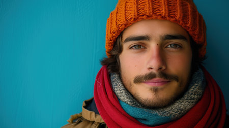 A young man in winter attire with a knitted orange beanie and a warm scarf against a teal background.の素材