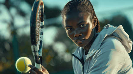 Determined Young African Female Tennis Player Preparing to Serve on Courtの素材