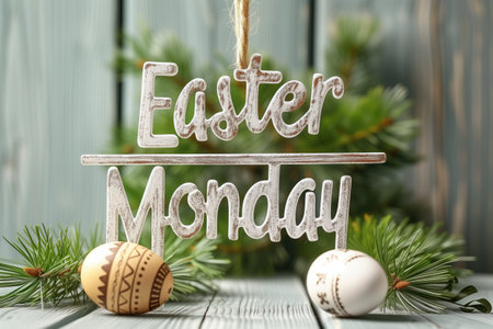 Wooden Easter Monday sign with patterned eggs and pine branchesの素材