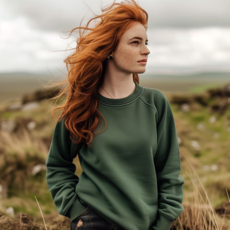 Redheaded Woman in Green Sweater Outdoors. Sweatshirt mockupの素材