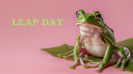 Green Frog Celebrating Leap Day on a Pink Backdropの素材