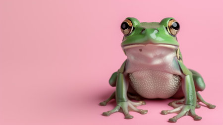 Vibrant green tree frog posed on a pastel pink backgroundの素材