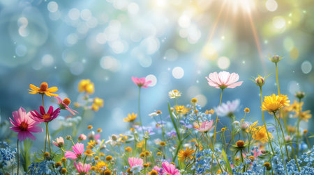 Vibrant Wildflower Meadow Bathed in Sunlight With Bokeh Effectの素材