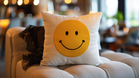 A white throw pillow with a yellow happy face emoticon in a cozy living roomの素材