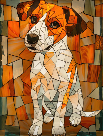 An artistic stained glass representation of a playful dog in geometric shapesの素材