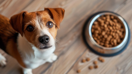 Hungry Jack Russell Terrier Waiting Patiently by Food Bowlの素材