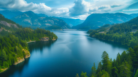 Tranquil Mountain Lake Surrounded by Lush Evergreen Forestの素材