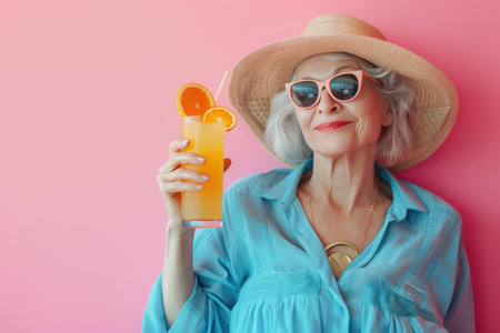 Stylish elderly lady with sunglasses sipping orange juiceの素材
