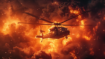 Helicopter Navigating Through Intense Fire and Explosionsの素材