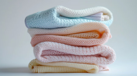 Stacked baby knitwear in pastel shades on a white backgroundの素材