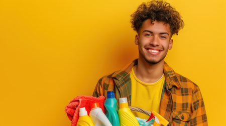 Smiling young man in yellow, holding a basket full of cleaning productsの素材