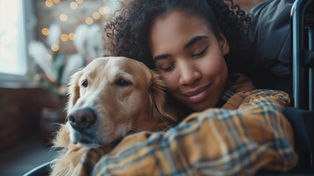 Young woman in a cozy embrace with her Golden Retriever, sharing a moment of connectionの素材