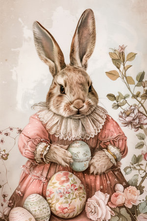 A rabbit in vintage attire holds decorated eggs. The concept reflects a whimsical Easter celebrationの素材