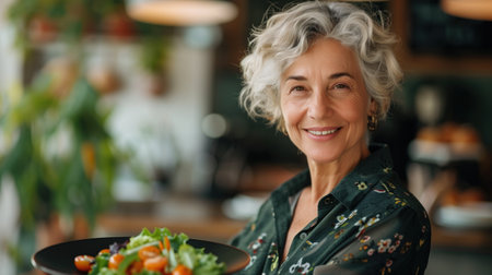 Radiant Senior Woman Enjoying a Fresh Salad in a Cozy Restaurant Environmentの素材