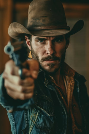 Intense Cowboy in Hat Aiming a Gun Directly at Viewer in a Western Standoffの素材