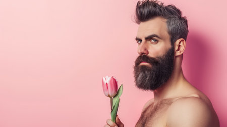 Muscular Bearded Man with a Delicate Tulip on a Pink Backgroundの素材