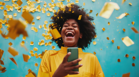 Joyful African American Woman Celebrating with Confetti and Smartphoneの素材
