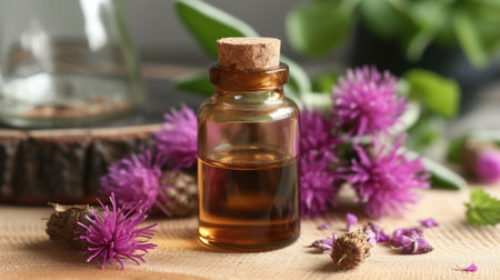 Natural Burdock Root Essential Oil with Purple Flowers. Holistic Aromatherapy Conceptの素材