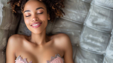 Beautiful Young Woman Enjoying a Relaxing Moment Indoorsの素材