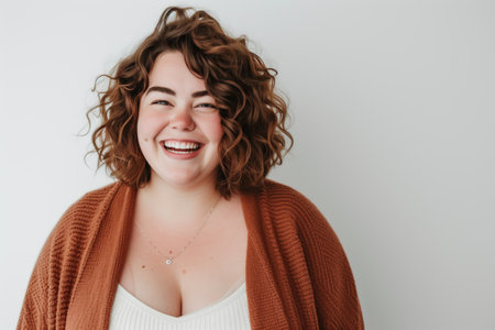 Radiant plus-size woman with curly hair and cardigan smiling joyfully against a light backgroundの素材