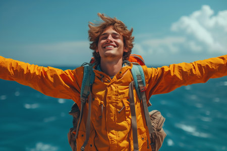 Exuberant Young Male with Arms Outstretched Embracing the Ocean Breezeの素材