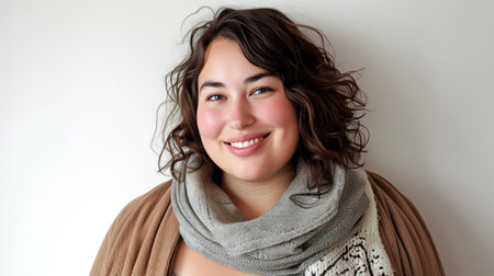 Smiling young woman with wavy hair wearing a knit sweater and a gray scarfの素材