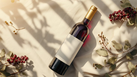Flat lay of a red wine bottle with blank label surrounded by eucalyptus and berries in natural sunlightの素材