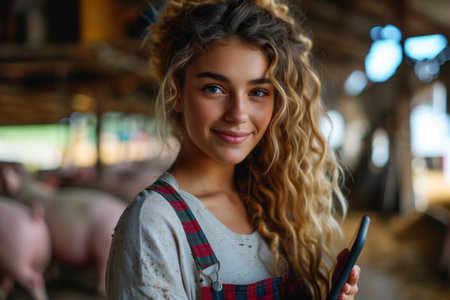 Smiling young female farmer with curly hair using a smartphone in the piggery.の素材